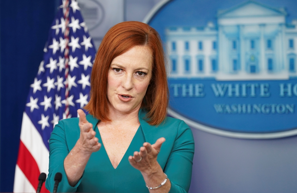 White House Press Secretary Jen Psaki speaks to reporters at the White House in Washington, US, May 25, 2021. Reuters/Kevin Lamarque ?