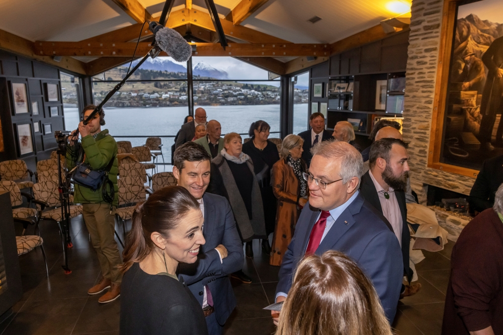 Australian Prime Minister Scott Morrison and wife Jenny Morrison with New Zealand Prime Minister Jacinda Ardern and her partner Clarke Gayford at annual Australia-New Zealand Leaders' Meeting. AAP Image/Peter Meecham via Reuters