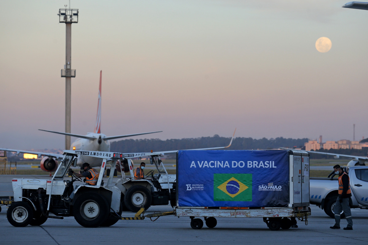 A refrigerated container with supplies to produce China's Sinovac vaccines against the coronavirus disease (COVID-19) arrives at International Airport in Guarulhos, Brazil, May 25, 2021. REUTERS/Carla Carniel
