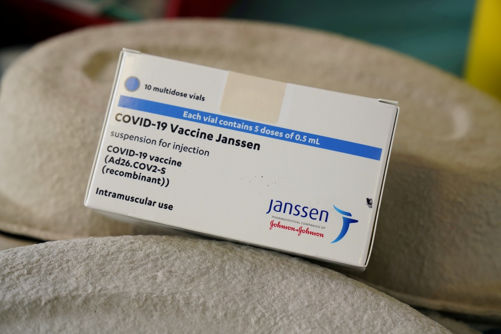 A box of Johnson & Johnson's coronavirus disease (COVID-19) vaccines is seen at the Forem vaccination centre in Pamplona, Spain, April 22, 2021. REUTERS/Vincent West/File Photo