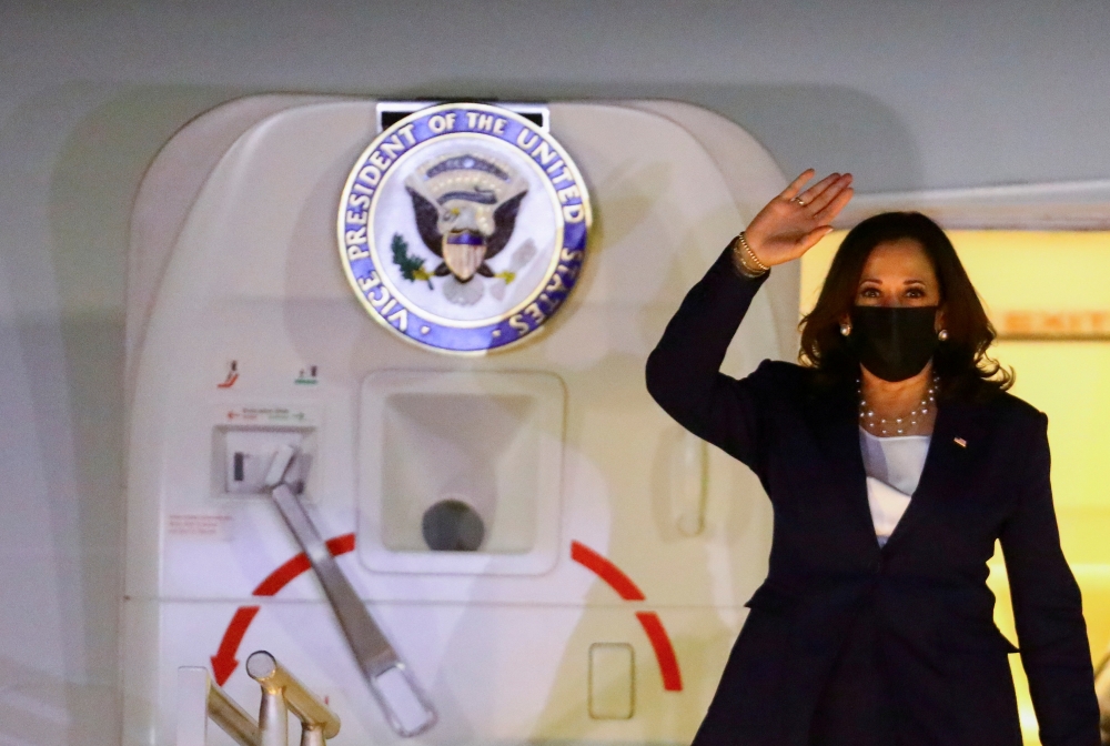 U.S. Vice President Kamala Harris disembarks from Air Force Two as she arrives at Benito Juarez International airport in Mexico City, for her first international trip as Vice President to Guatemala and Mexico, in Mexico June 7, 2021. REUTERS/Edgard Garrid