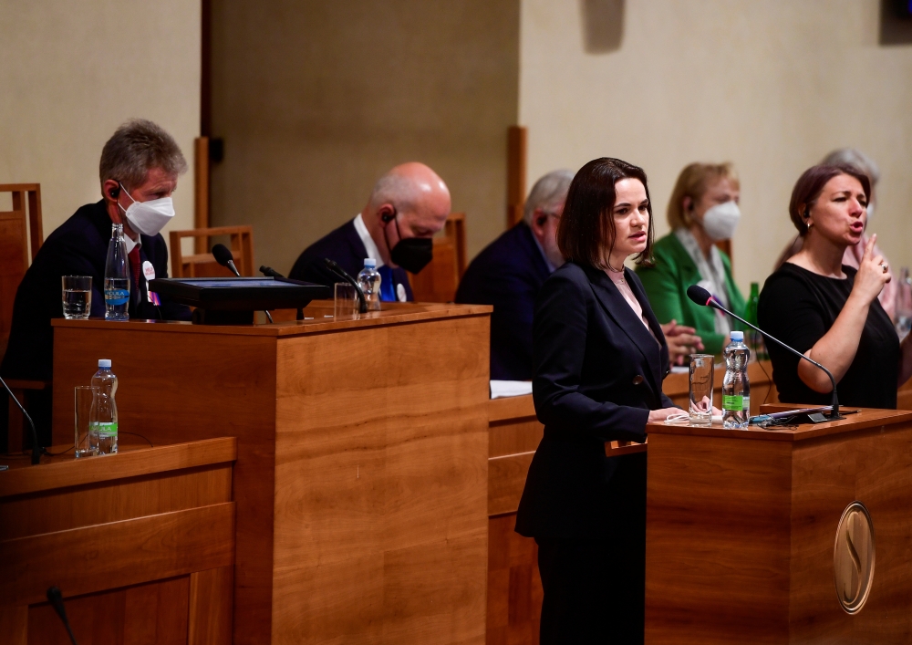 Belarusian opposition leader Sviatlana Tsikhanouskaya speaks at Czech Senate in Prague, Czech Republic, June 9, 2021. Roman Vondrous/Pool via Reuters