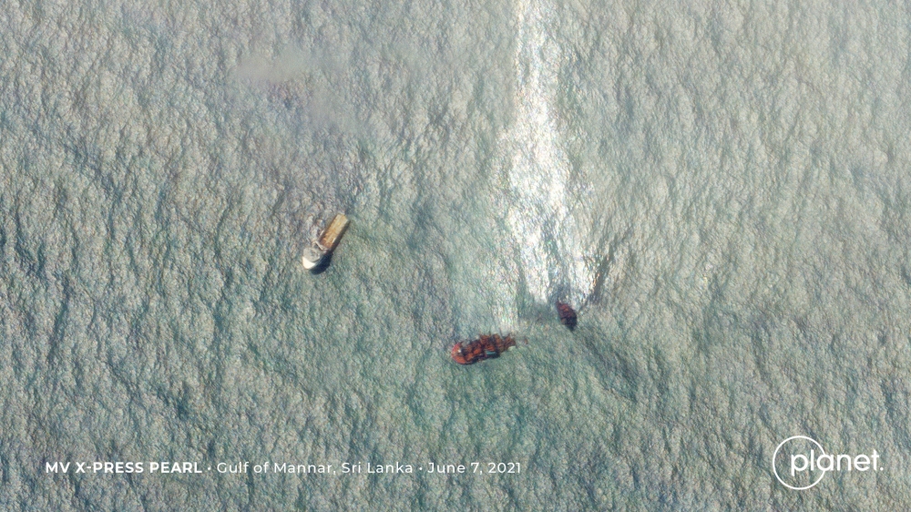 The Singapore-registered MV X-Press Pearl, which caught fire and later sank, is seen mid-sea off the Colombo Harbour in Sri Lanka, June 7, 2021, in this satellite image supplied by Planet Labs Inc. Planet Labs Inc./Handout via REUTERS
