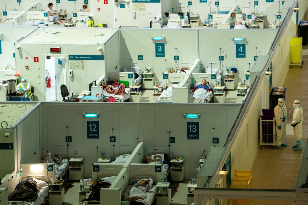 A general view of treatment blocks at a temporary hospital in the Krylatskoye Ice Palace, where patients suffering from the coronavirus disease (COVID-19) are treated, in Moscow, Russia June 11, 2021. Denis Grishkin/Moscow News Agency