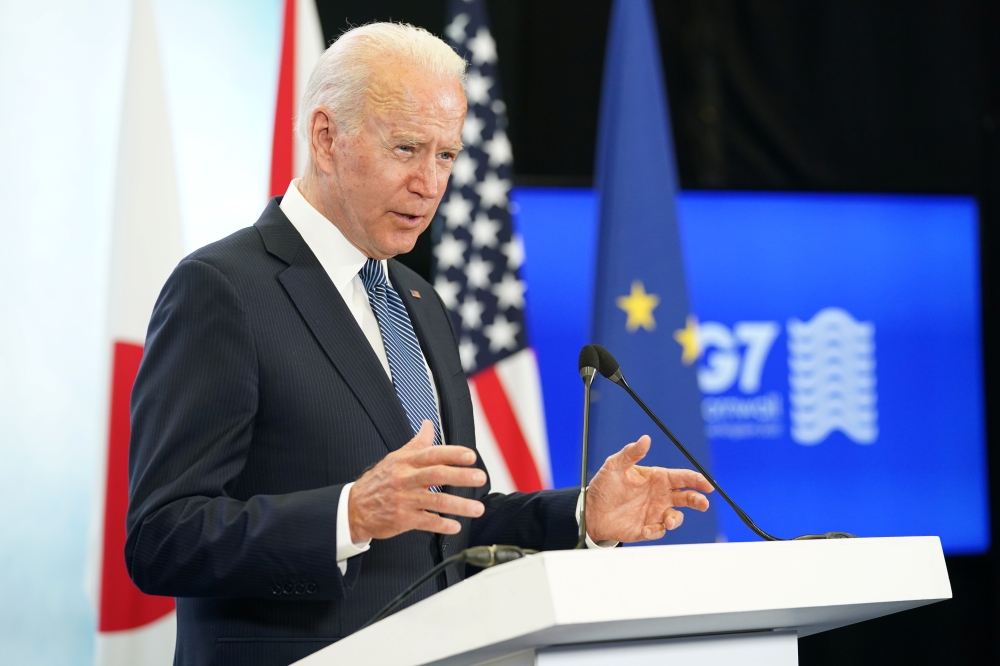 U.S. President Joe Biden holds a news conference at the end of the G7 summit, at Cornwall Airport Newquay, Britain, June 13, 2021. REUTERS/Kevin Lamarque
