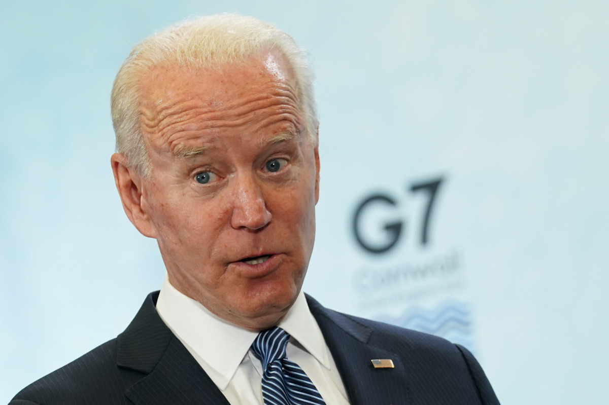 U.S. President Joe Biden reacts during a news conference at the end of the G7 summit, at Cornwall Airport Newquay, Britain, June 13, 2021. REUTERS/Kevin Lamarque
