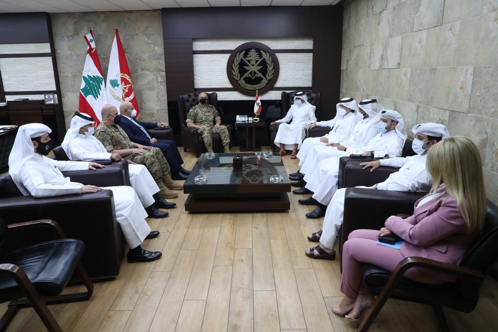 Commander of the Lebanese Army, General Joseph Aoun, meets with Director-General of Qatar Fund for Development Khalifa Jassim Al Kuwari in the presence of Ambassador of the State of Qatar to Lebanon Mohammed Hassan Jaber Al Jaber and other officials.