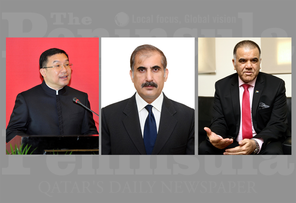 From left to right: Ambassador of China to Qatar, Zhou Jian, Ambassador of Pakistan to Qatar, Syed Ahsan Raza Shah, and Ambassador of South Africa to Qatar, Faizel Moosa