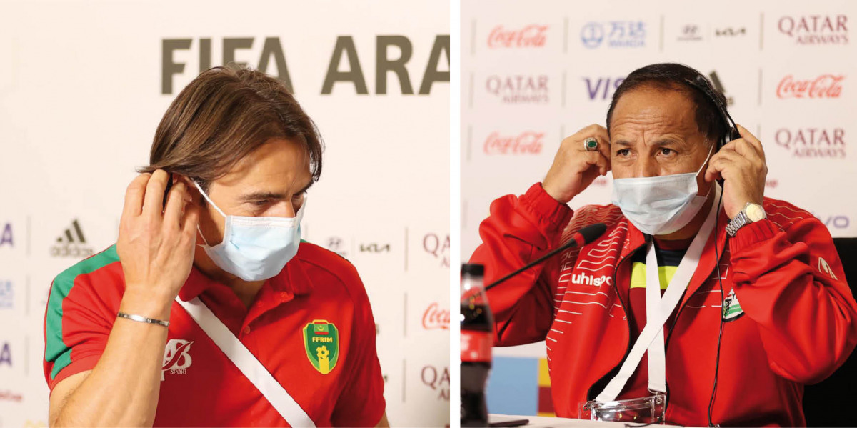 Mauritania coach Corentin Martins (left) arrives for pre-match press conference, yesterday. RIGHT: Yemen coach Ahmed Ali Qassem speaks to the media yesterday. 