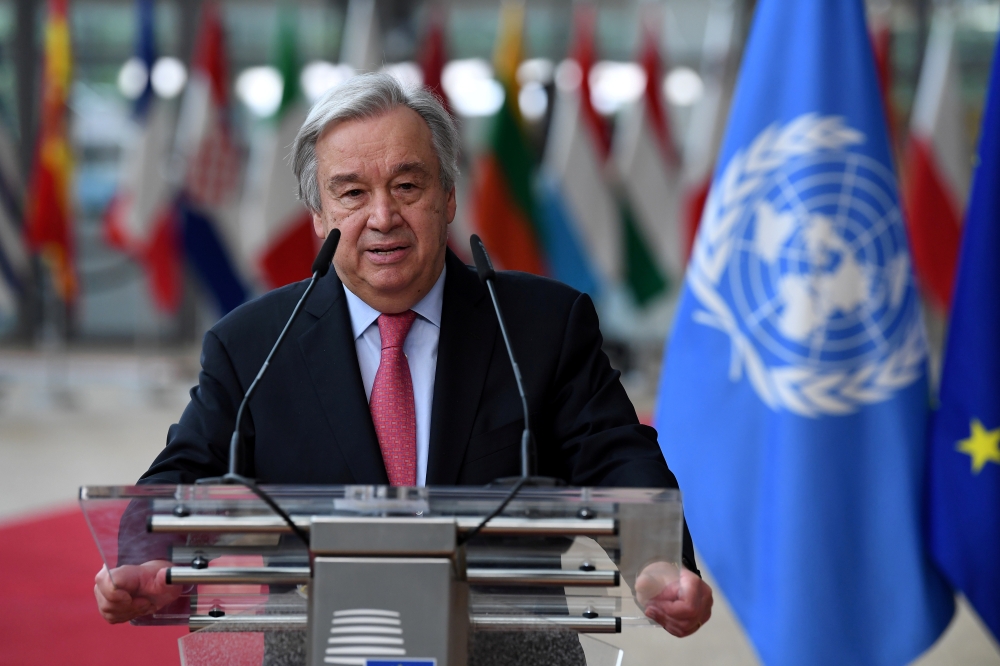 Secretary-General of the United Nations Antonio Guterres addresses the media as he arrives on the first day of the European Union summit at The European Council Building in Brussels, Belgium June 24, 2021. John Thys/Pool via REUTERS