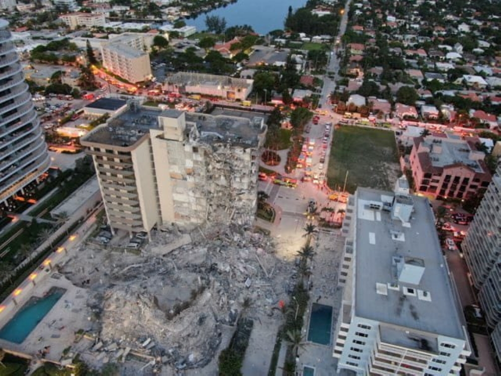 :A building that partially collapsed is seen in Miami Beach, Florida, U.S., June 24, 2021. Miami-Dade Fire Rescue/Handout via REUTERS