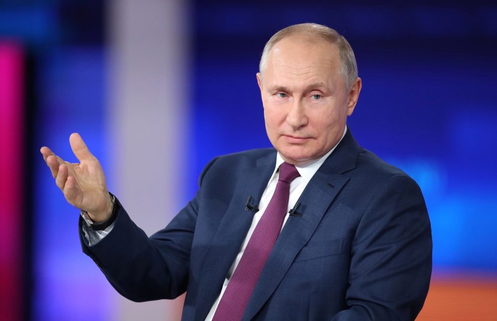 Russian President Vladimir Putin speaks during an annual nationwide televised phone-in show in Moscow, Russia June 30, 2021. Sputnik/Sergei Savostyanov