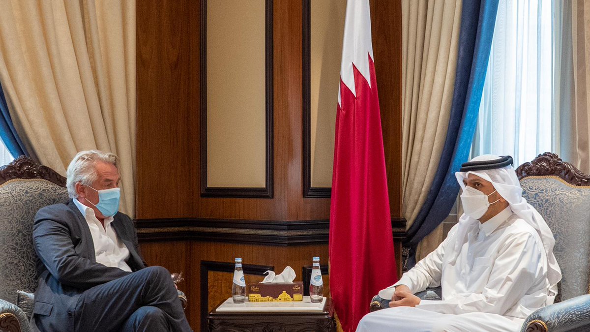 Deputy Prime Minister and Minister of Foreign Affairs H E Sheikh Mohammed bin Abdulrahman Al Thani with UN Special Coordinator for the Middle East Peace Process, H E Tor Wennesland in Doha, yesterday.