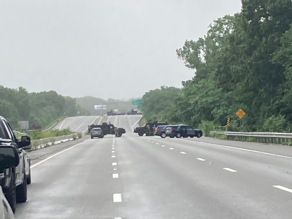 Massachusetts State Police vehicles block Route 95 after an armed standoff between 8 to 10 militia members and police forced the closure of the U.S. interstate highway, in Wakefield, Massachusetts, U.S. July 3, 2021. (Massachusetts State Police/Handout)