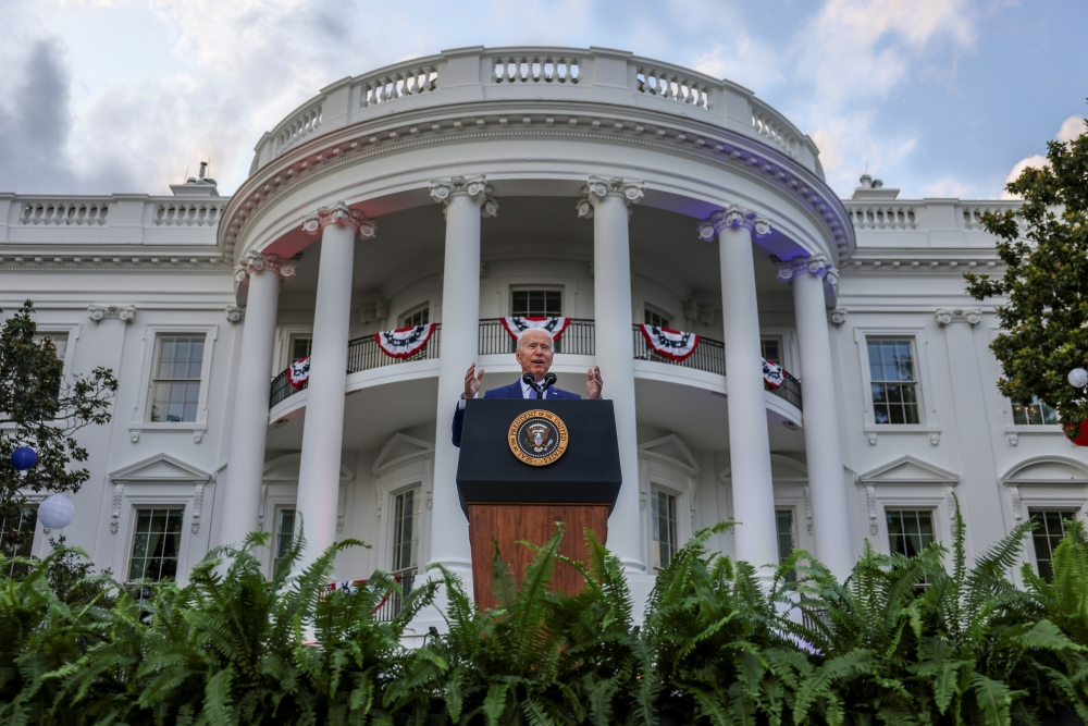 U.S. President Joe Biden delivers remarks at the White House at a celebration of Independence Day in Washington, U.S., July 4, 2021. REUTERS/Evelyn Hockstein