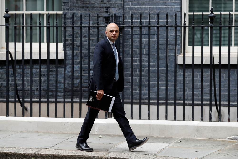 Britain's Health Secretary Sajid Javid walks on Downing Street in London, Britain, July 14, 2021. (REUTERS/Peter Nicholls/File Photo)