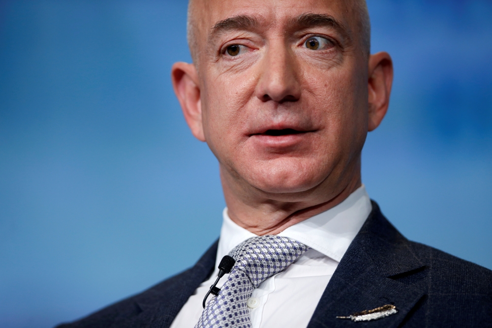 Jeff Bezos, founder of Blue Origin and CEO of Amazon, speaks about the future plans of Blue Origin during an address to attendees at Access Intelligence's SATELLITE 2017 conference in Washington, U.S., March 7, 2017. REUTERS/Joshua Roberts/File Photo