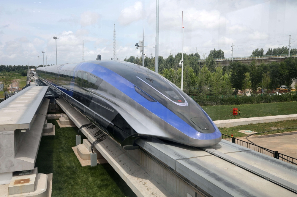 A high-speed maglev train, capable of a top speed of 600 kph, is pictured in Qingdao, Shandong province, China July 20, 2021. cnsphoto via REUTERS
