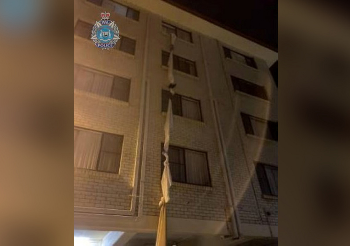 A view of a bedsheet rope used by a 39-year-old man to escape from quarantine hotel in Perth, Australia July 20, 2021, in this handout image obtained by Reuters. Western Australia Police/Handout via REUTERS