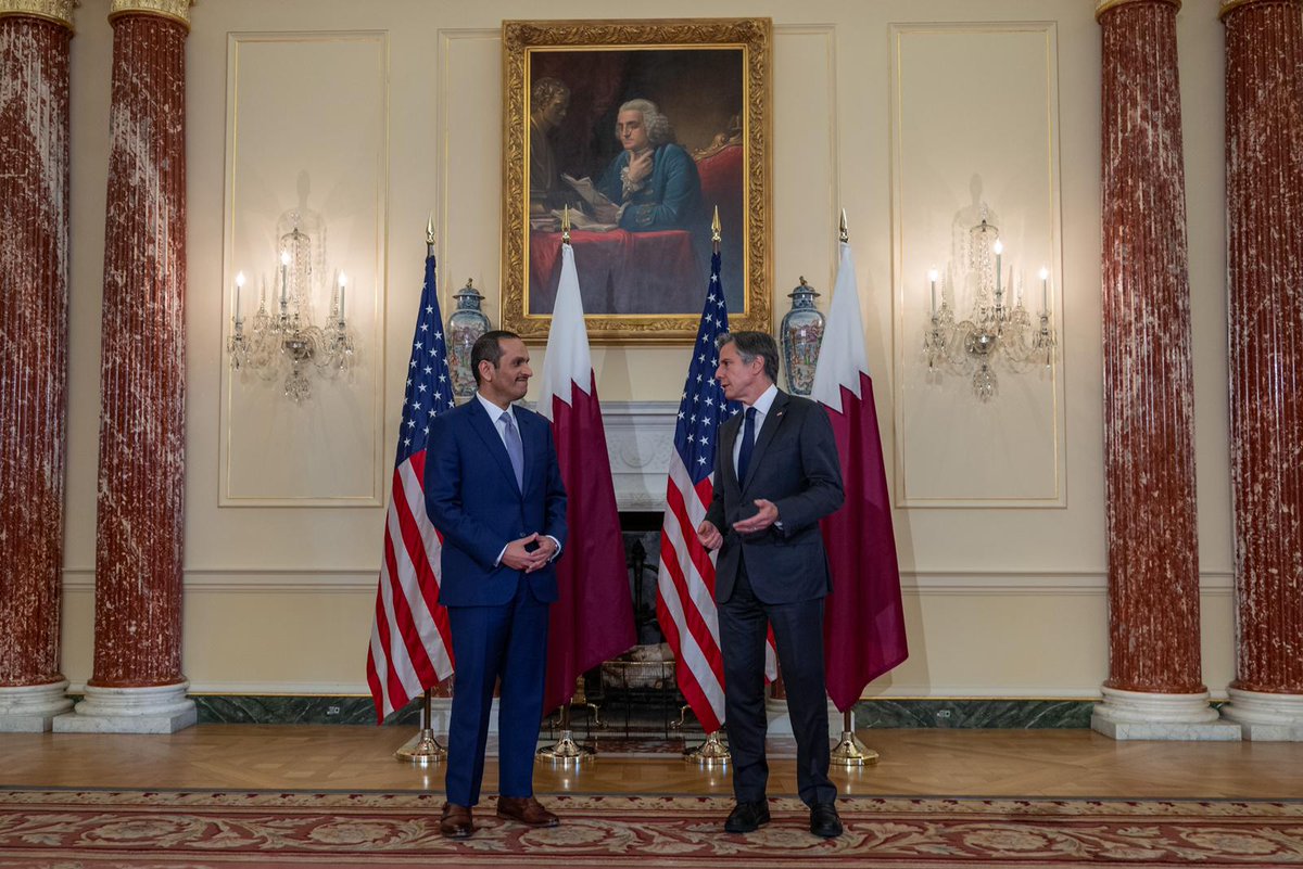 Deputy Prime Minister and Minister of Foreign Affairs H E Sheikh Mohammed bin Abdulrahman Al Thani with US Secretary of State H E Antony Blinken in Washington, yesterday. 