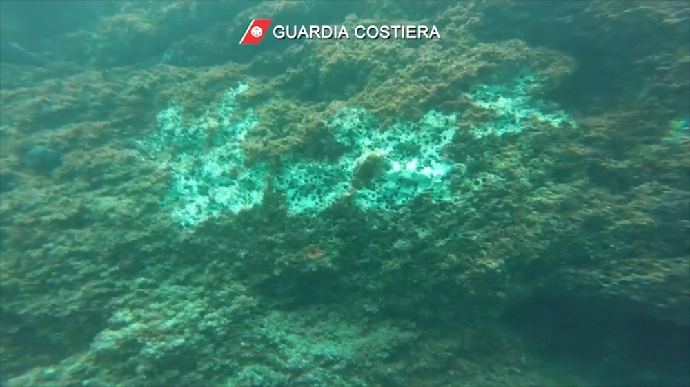 A general view of underwater damaged rocks after scuba divers used hammers to illegally harvest date mussels at Tyrrhenian Sea as seen in this screengrab taken from a video released on July 28, 2021. Italian Coast Guard/Handout via REUTERS