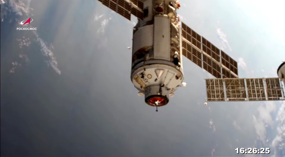 The Nauka (Science) Multipurpose Laboratory Module is seen during its docking to the International Space Station (ISS) on July 29, 2021 in this still image taken from video. Roscosmos/Handout via REUTERS