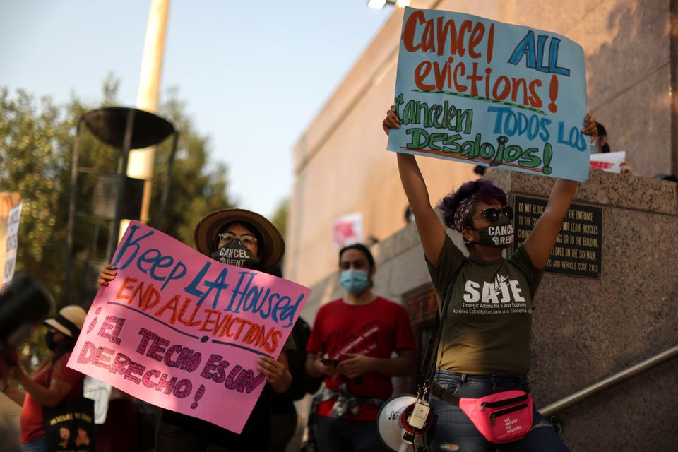 Protesters surround the LA Superior Court to prevent an upcoming wave of evictions and call on Governor Gavin Newsom to pass an eviction moratorium, amid the global outbreak of coronavirus disease (COVID-19), in Los Angeles, California, U.S., August 21, 2