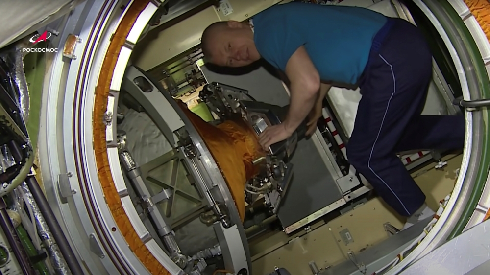 International Space Station (ISS) crew member, Roscosmos cosmonaut Oleg Novitskiy, is seen inside the Nauka (Science) Multipurpose Laboratory Module on July 31, 2021 in this still image taken from video. Image taken July 31, 2021. Roscosmos/Handout via RE