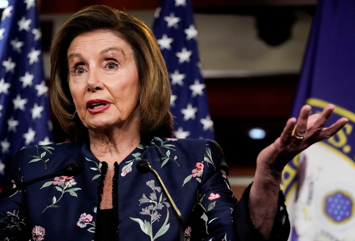 FILE PHOTO: House Speaker Nancy Pelosi (D-CA) takes questions as she holds her weekly news conference with Capitol Hill reporters at the Capitol in Washington, U.S., July 22, 2021. REUTERS/Elizabeth Frantz/File Photo
