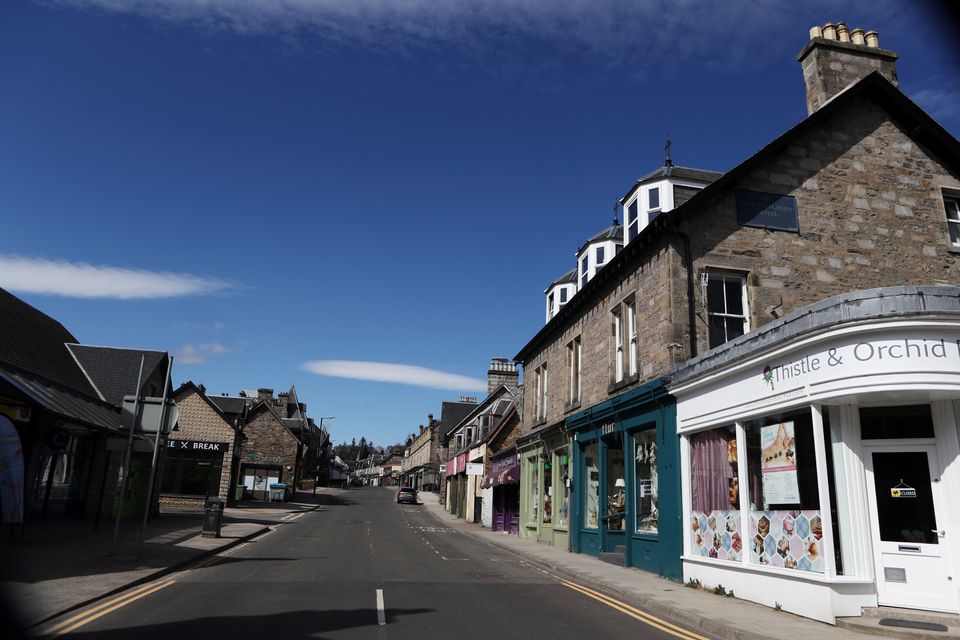An empty street with closed shops is seen as the spread of the coronavirus disease (COVID-19) continues Pitlochry, Scotland, Britain April 15, 2020. REUTERS/Russell Cheyne


