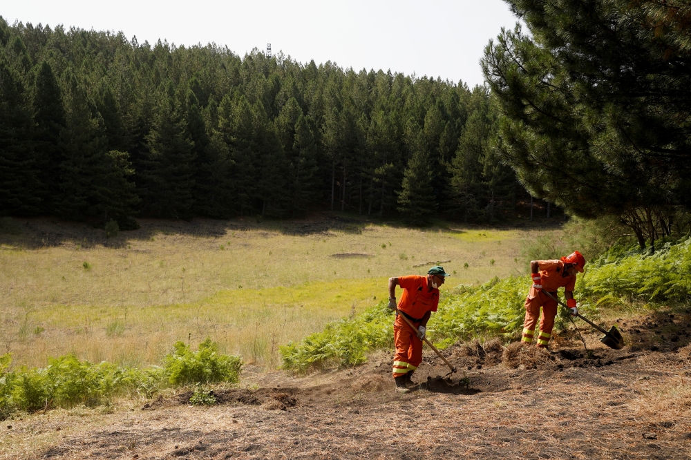Forest Guard workers dig the ground as they make preparations for possible wildfires as temperatures are expected to continue to peak at over 40 degrees Celsius during a heatwave across southern Italy, in Monte Vetore on Mount Etna, Italy, August 11, 2021