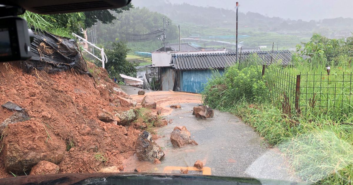 A landslide in Kure, Hiroshima Prefecture, Japan after heavy rains, in this August 13, 2021 photo obtained from social media. TWITTER @KAPPACHAN1115 /via REUTERS 