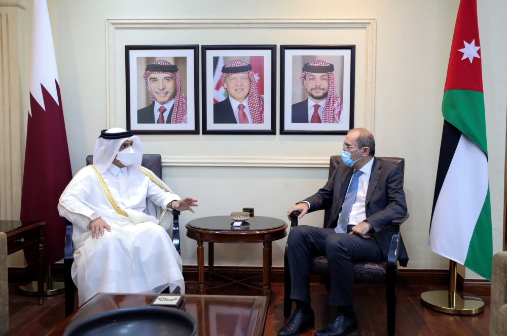 Qatar's Foreign Minister Mohammed bin Abdulrahman bin Jassim Al Thani meets with Jordan's Foreign Minister Ayman al Safadi in Amman, Jordan August 16, 2021. REUTERS/Alaa Al Sukhni