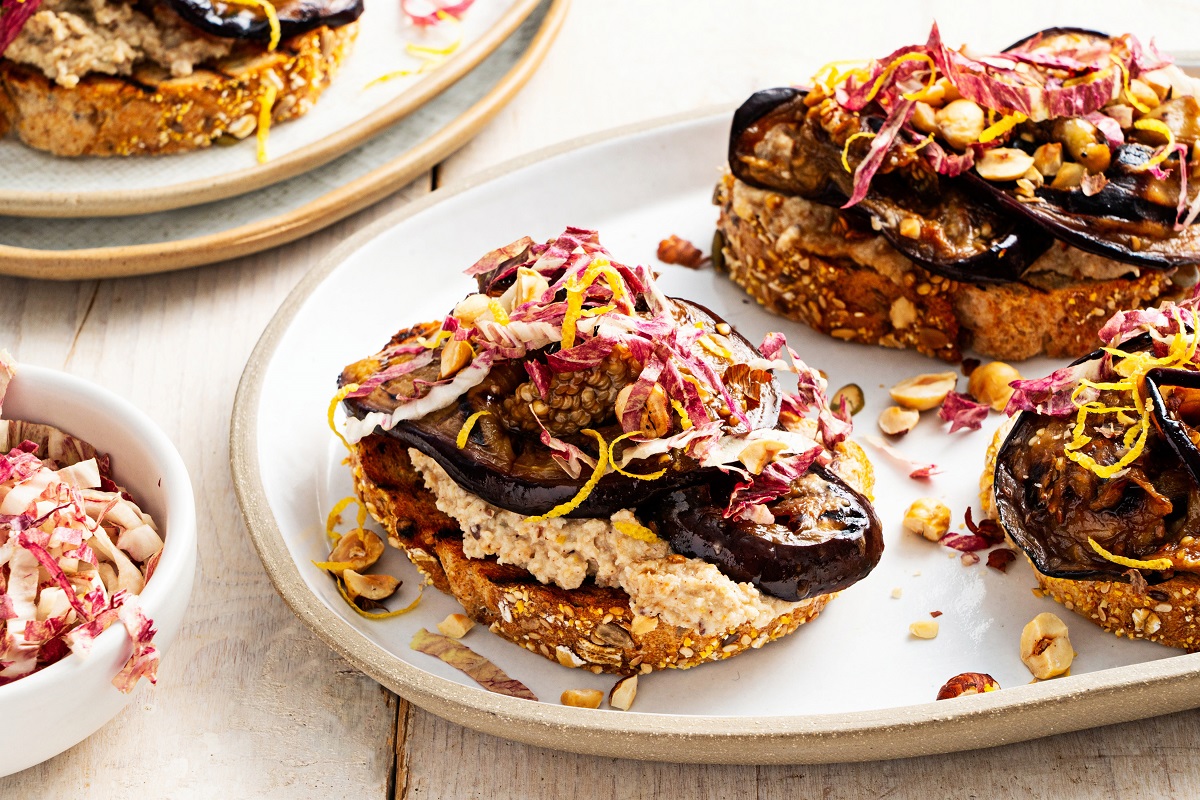 Eggplant Bruschetta With Hazelnut Skordalia. Photo by Scott Suchman for The Washington Post.
