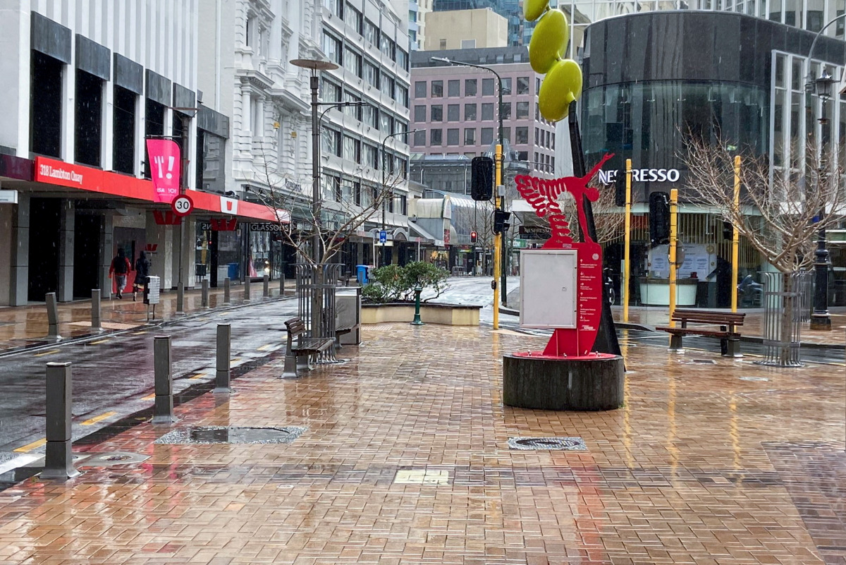 FILE PHOTO: Lambton Quay is devoid of people on the first day of a lockdown to curb the spread of the coronavirus disease (COVID-19) in Wellington, New Zealand, August 18, 2021. REUTERS/Praveen Menon/File Photo
