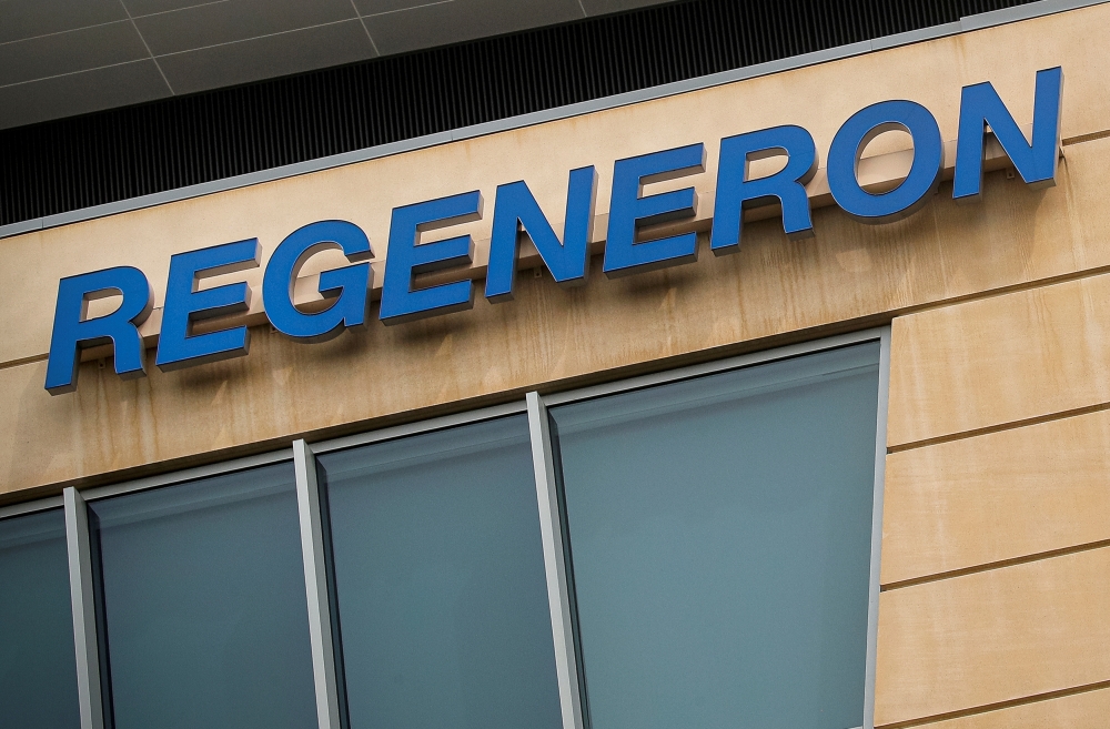 The Regeneron Pharmaceuticals company logo is seen on a building at the company's Westchester campus in Tarrytown, New York, U.S. September 17, 2020. Picture taken September 17, 2020. REUTERS/Brendan McDermid/File Photo