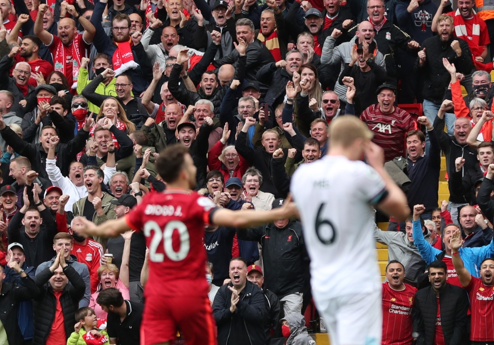 Liverpool's Diogo Jota celebrates scoring their first goal REUTERS/Russell Cheyne 