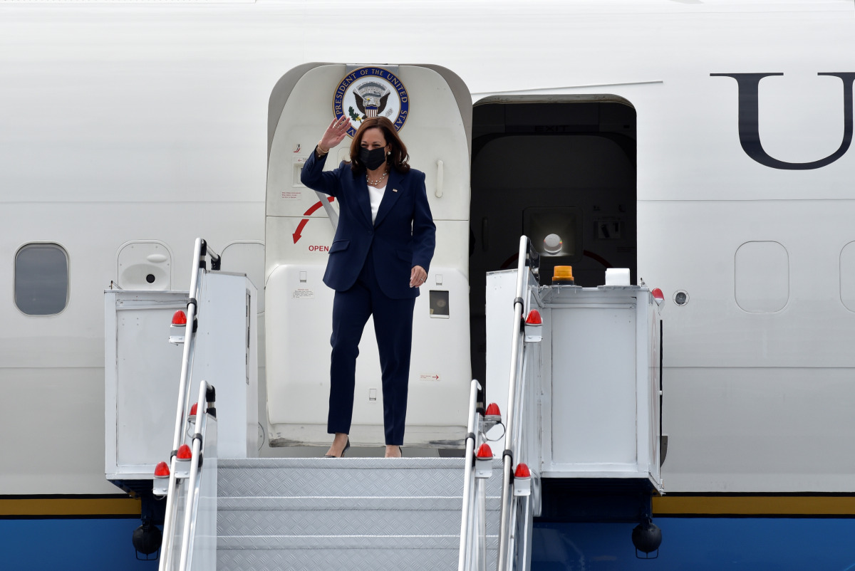 U.S. Vice President Kamala Harris arrives at Paya Lebar Air Base in Singapore August 22, 2021. REUTERS/Caroline Chia

