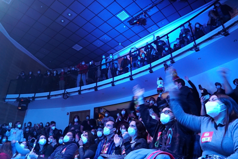 Vaccinated Chileans enjoy the Chancho en Piedra band during a concert as part of a study of the Hospital Clinico de la Universidad de Chile (Clinical Hospital of the University of Chile) for the coronavirus disease (COVID-19) pandemic, in Santiago, Chile,