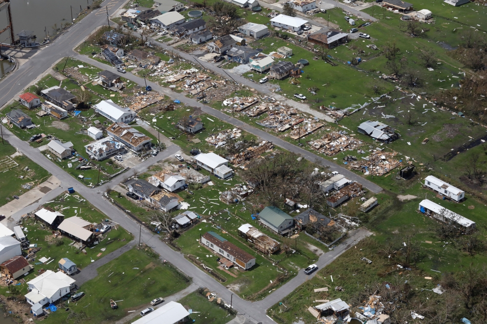 An aerial view shows destroyed houses after Hurricane Ida made landfall in Louisiana, in Golden Meadow, Louisiana, U.S. August 31, 2021. REUTERS/Marco Bello