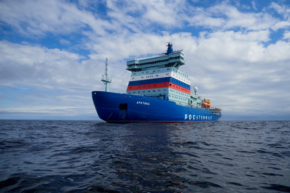 The nuclear-powered icebreaker Arktika is seen during the sea trials in the Gulf of Finland, in the Baltic Sea, Russia July 5, 2020. Nikita Greydin/Baltic Shipyard/Handout via REUTERS