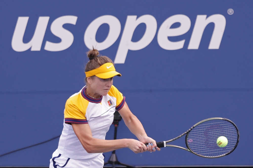 Elina Svitolina of Ukraine hits a backhand against Daria Kasatkina of Russia (not pictured) on day five of the 2021 U.S. Open tennis tournament at USTA Billie Jean King National Tennis Center. Geoff Burke-USA TODAY Sports