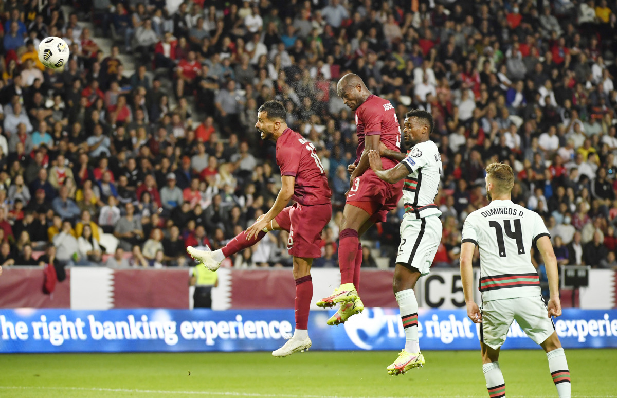 Abdelkarim Hassan scores Qatar's goal against Portugal, yesterday.