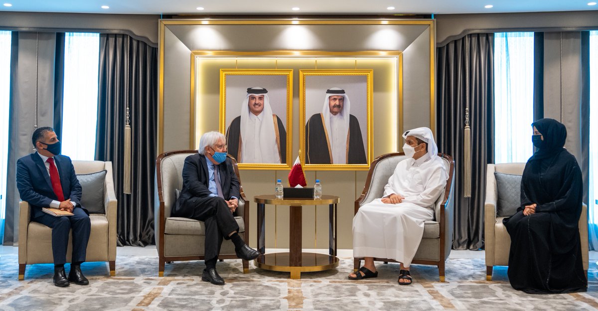 Deputy Prime Minister and Minister of Foreign Affairs H E Sheikh Mohammed bin Abdulrahman Al Thani meeting with United Nations Under-Secretary-General for Humanitarian Affairs Martin Griffiths.