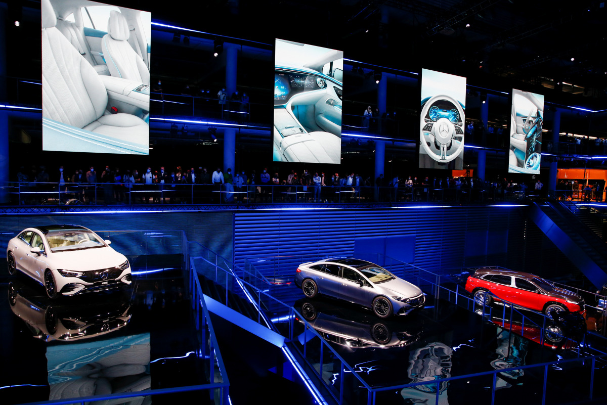 The EQE is seen next to an AMG EQS 53 and a Maybach Concept car during its presentation ahead of the Munich Motor Show IAA Mobility 2021 in Munich, Germany, September 5, 2021. REUTERS/Michaela Rehle

