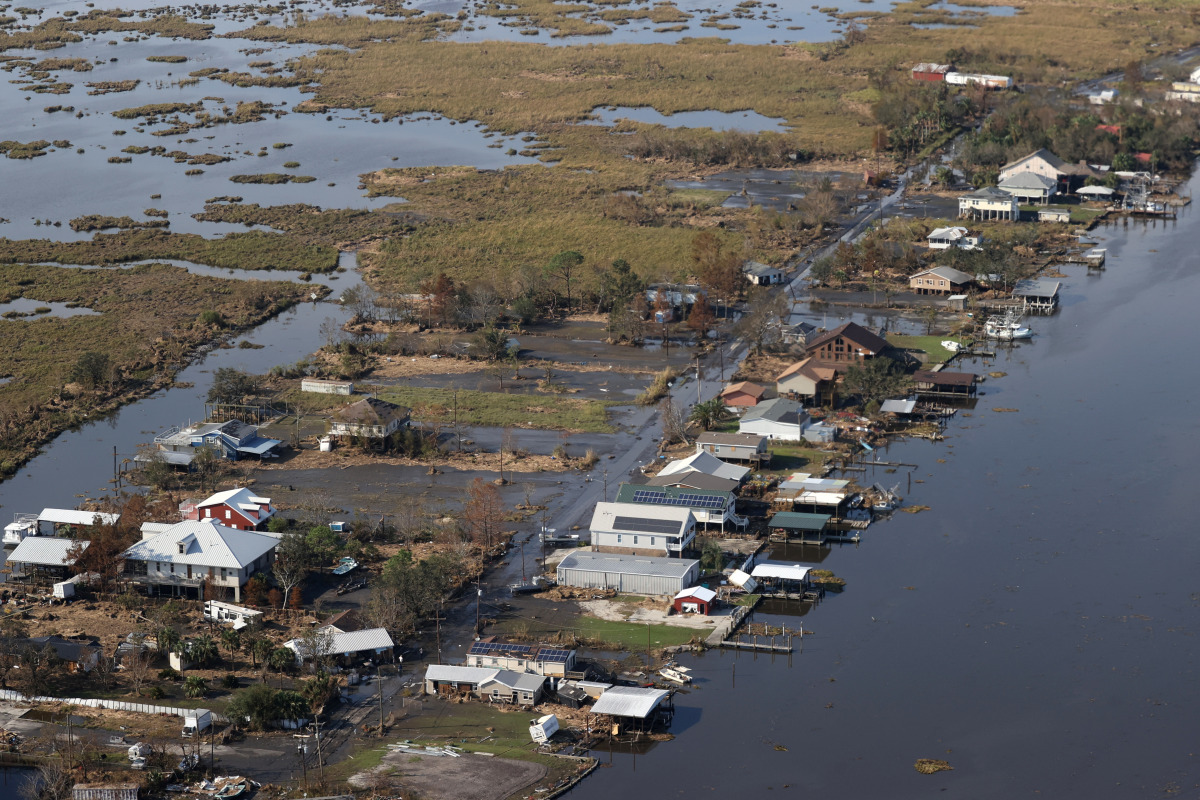 A view shows debris and buildings damaged from Hurricane Ida as U.S. President Joe Biden (not pictured) inspects the damage from Hurricane Ida from aboard the Marine One helicopter during an aerial tour of communities in Laffite, Grand Isle, Port Fourchon