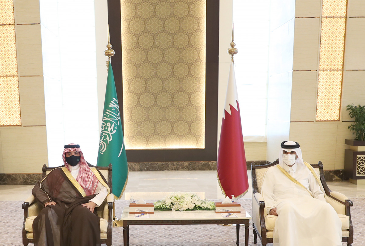 Prime Minister and Minister of Interior H E Sheikh Khalid bin Khalifa bin Abdulaziz Al Thani meeting Minister of Interior of the Kingdom of Saudi Arabia HRH Prince Abdulaziz bin Saud bin Naif bin Abdulaziz Al Saud, in Doha, yesterday. 