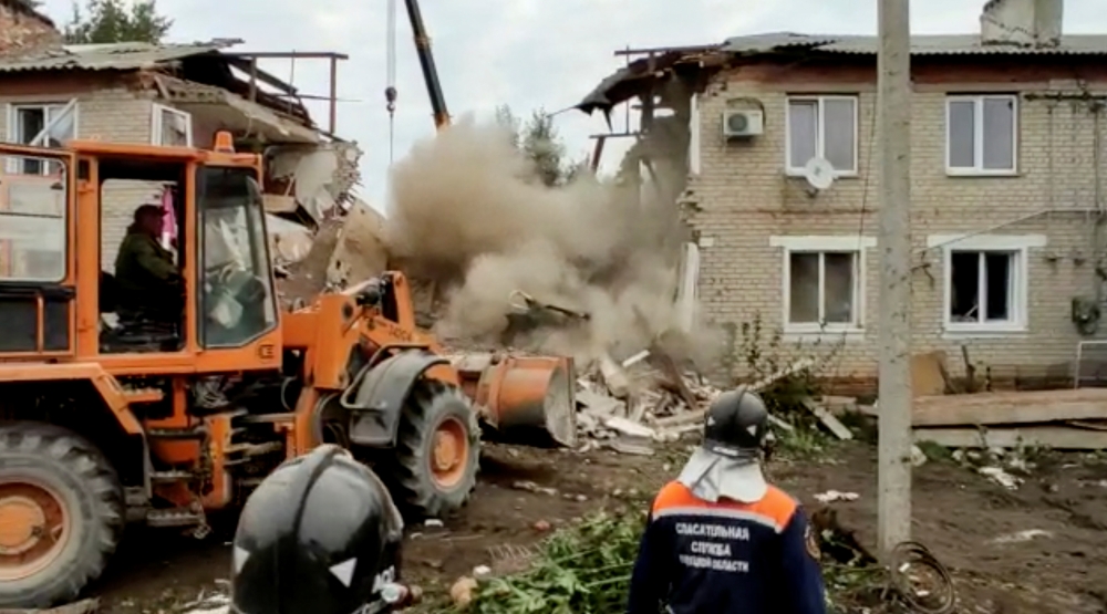 A scene of a gas explosion in a residential building in the village of Solidarnost, Lipetsk region, Russia September 11, 2021 in this still image taken from video. Russian Emergency Ministry/Handout via Reuters