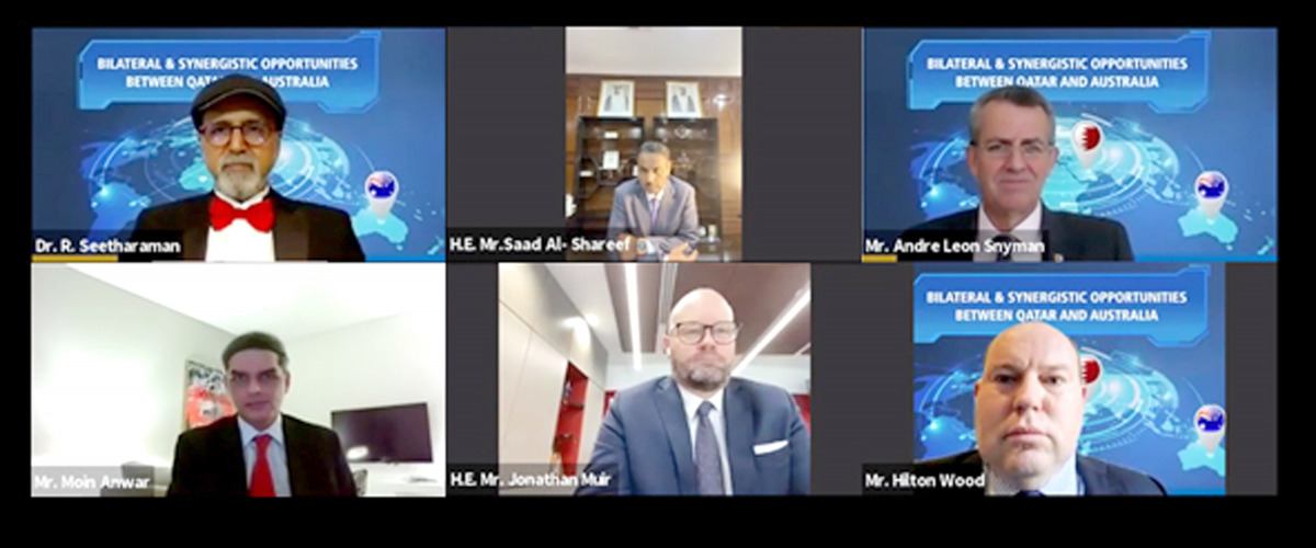 Australia’s Ambassador to Qatar H E Jonathan Muir; Qatar’s Ambassador to Australia H E Saad bin Abdullah Al Mahmoud Al Shareef; Doha Bank CEO Dr. R. Seetharaman, and other officials during the webinar hosted by Doha Bank recently. 