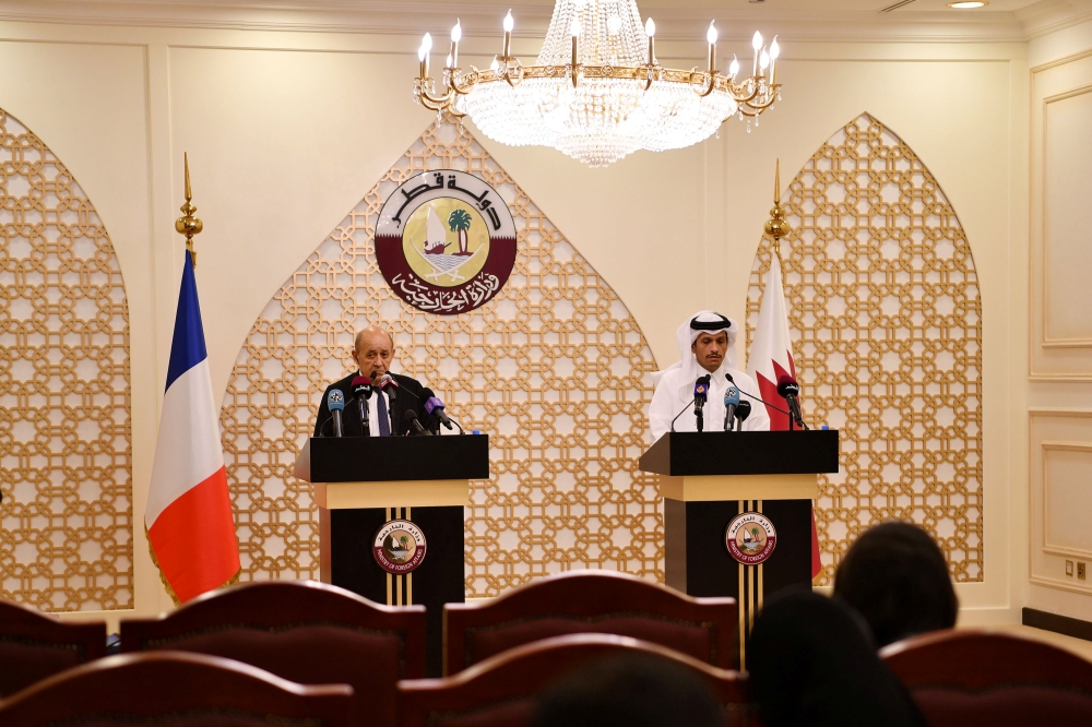 Qatar Foreign Minister HE Sheikh Mohammed bin Abdulrahman Al-Thani attends a joint news conference with French Foreign Minister HE Jean-Yves Le Drian in Doha, Qatar September 13, 2021. Reuters/Nooman Ben Amor